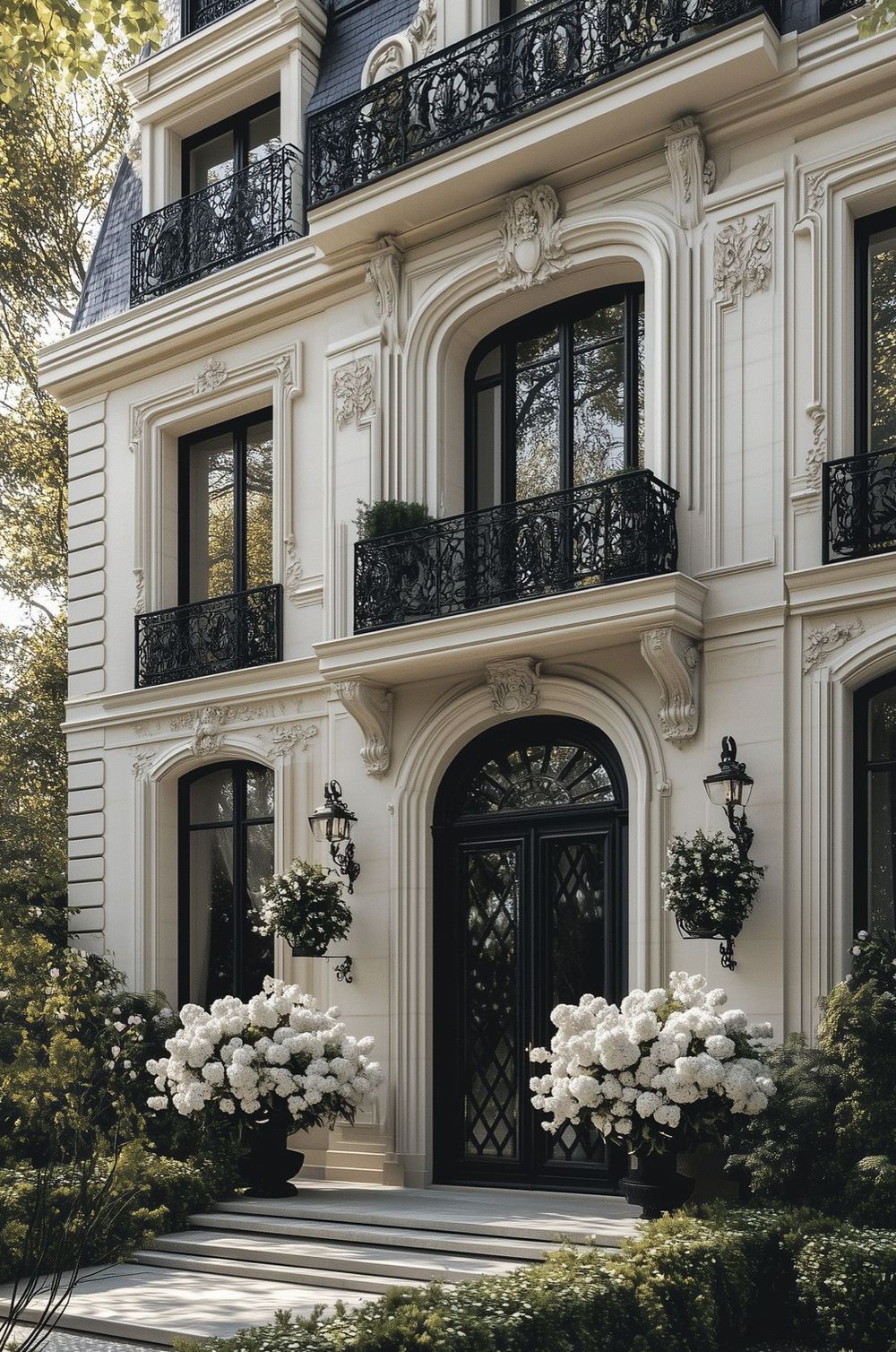 Façade crème à moulures, menuiseries noires et balcons ouvragés