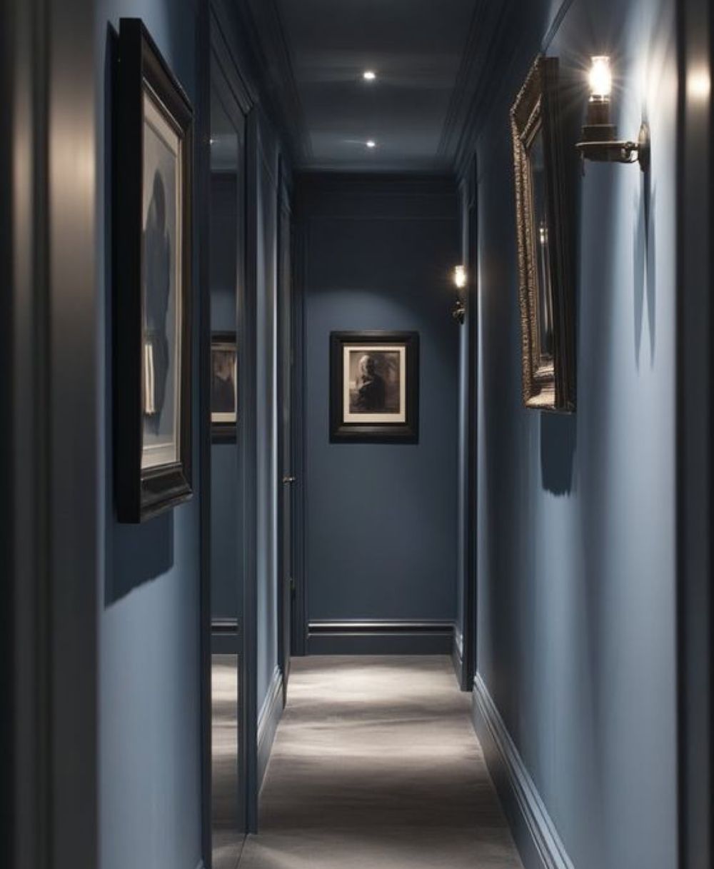 Couloir bleu nuit éclairé par des spots et des appliques