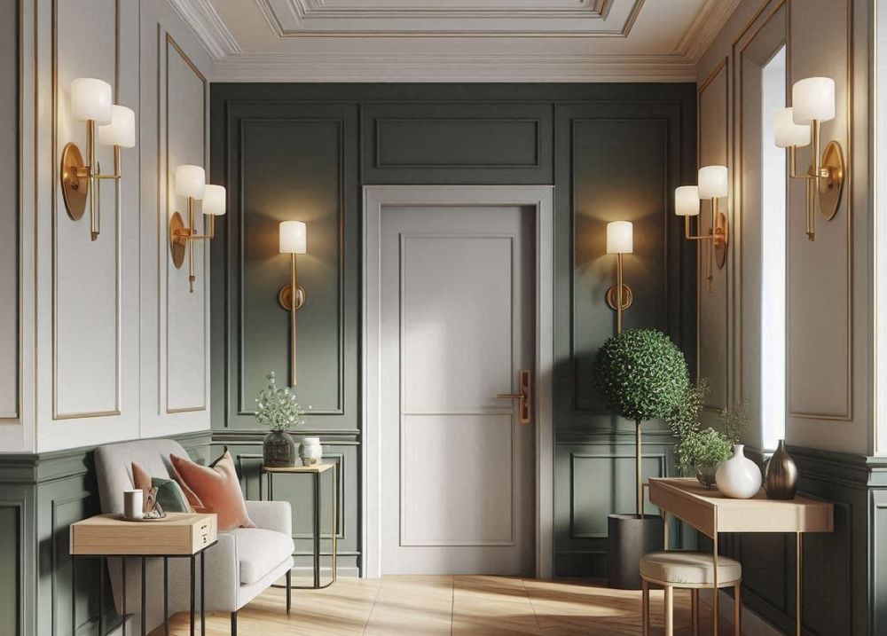Entrée aux boiseries vert sapin, murs clairs et filets dorés