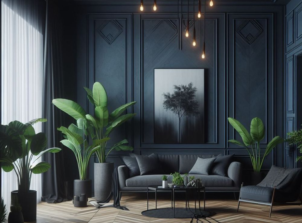 Salon aux panneaux muraux bleu foncé et grandes plantes