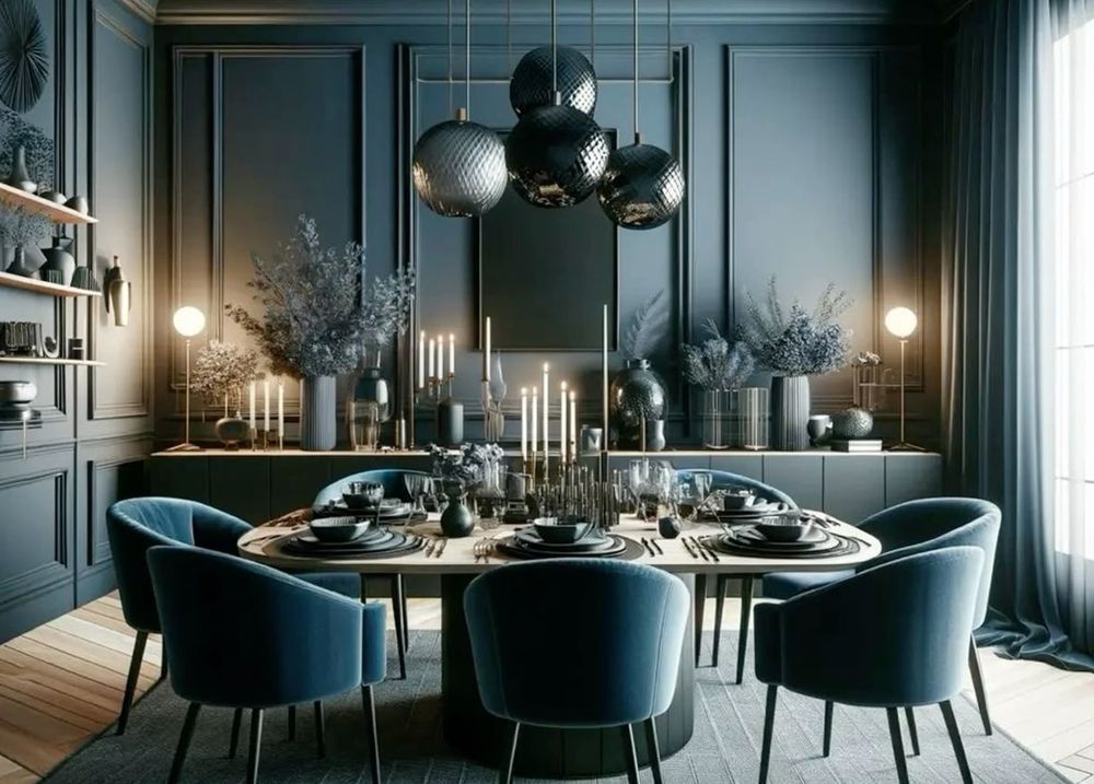 Salle à manger bleu pétrole avec boiseries et parquet clair
