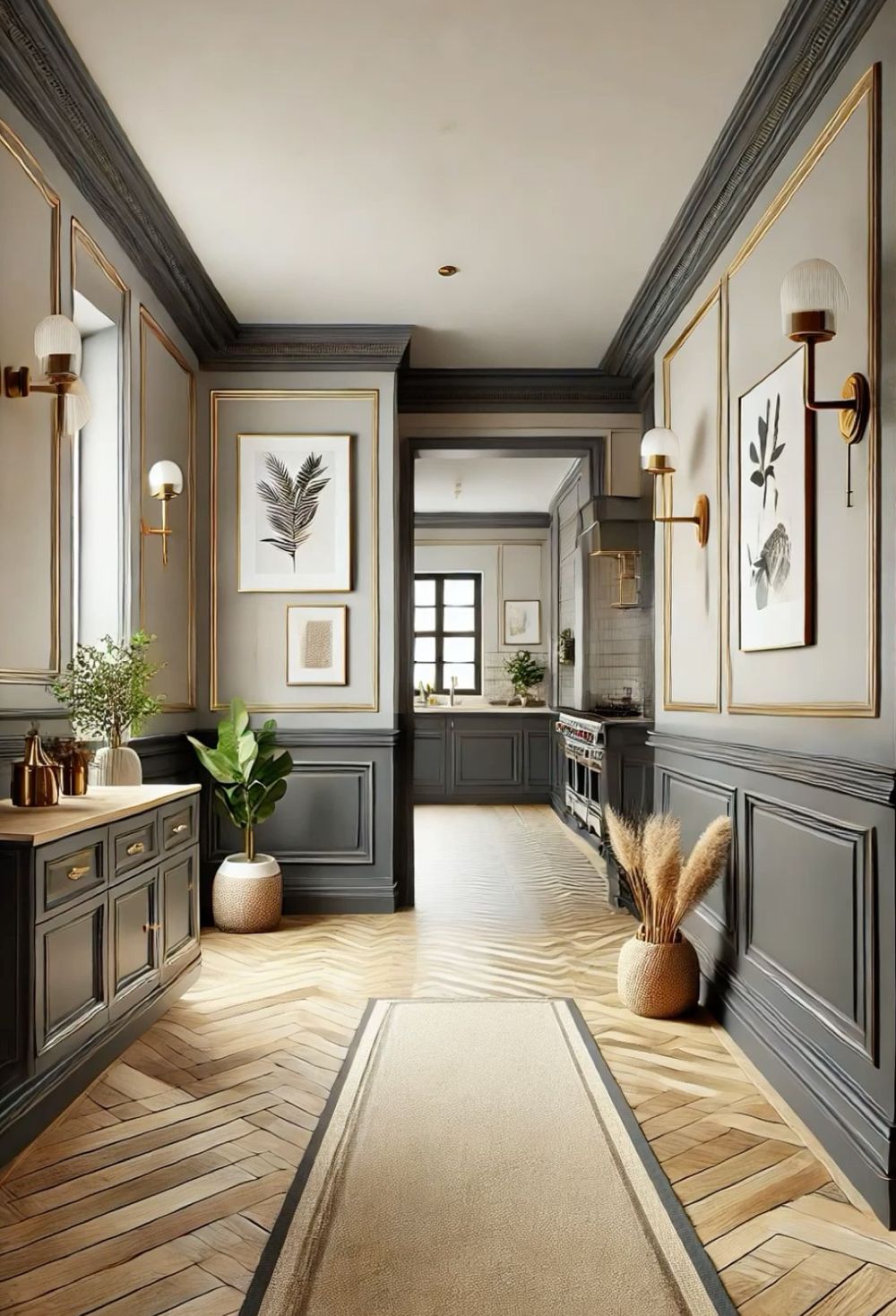 Couloir avec parquet clair en chevrons, tapis et boiseries gris foncé