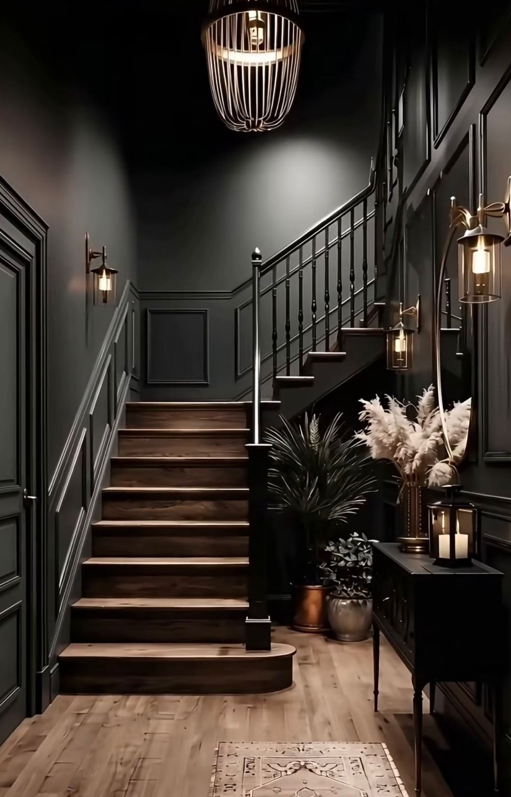 Escalier en bois sombre et parquet ancien dans une entrée aux murs noirs